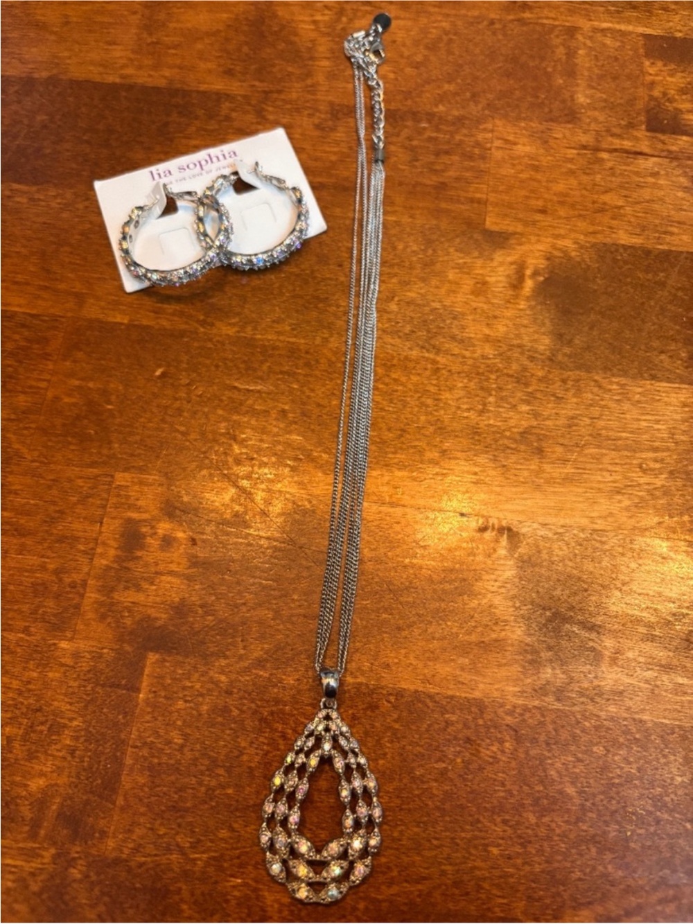 Lia Sophia Silver Teardrop Pendant Necklace with Matching Hoop Earrings - Silver